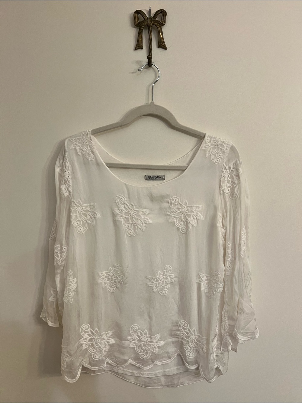 Elena Baldi 100% Silk Blouse White Italy Womens M Sheer Scalloped Whimsy Floral